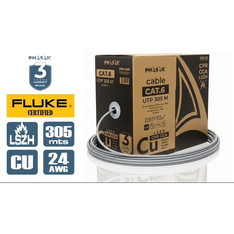 Bobina Cable de Red Cat 6 UTP Phasak 305 m Cobre 100% Sólido – Cubierta LSZH Libre de Halógenos – Instalación Interior – PHR 6201