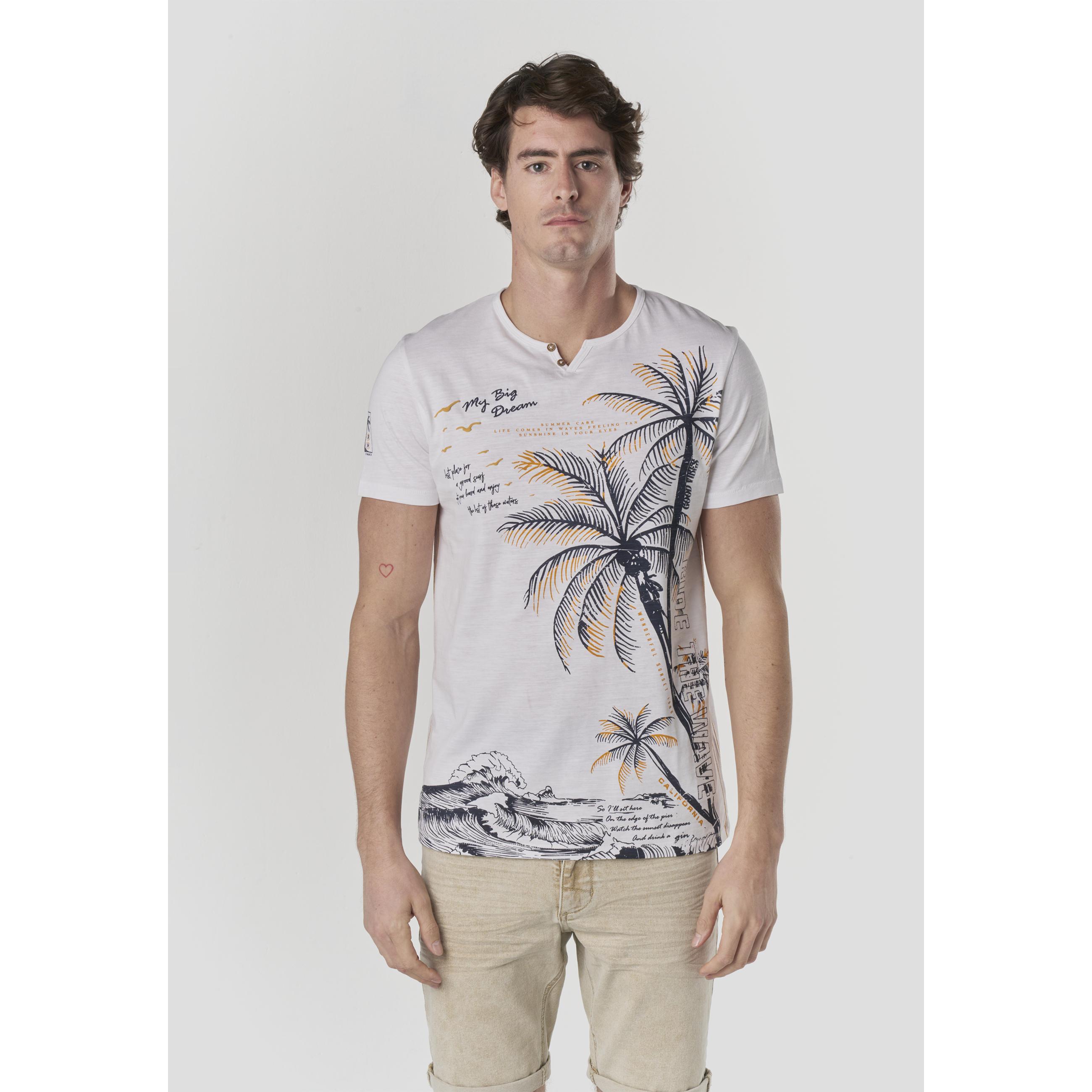 Koroshi - Camiseta hombre manga corta Henley con estampado tropical de palmeras y olas en algodón 100%, color crudo, diseño My Big Dream – California