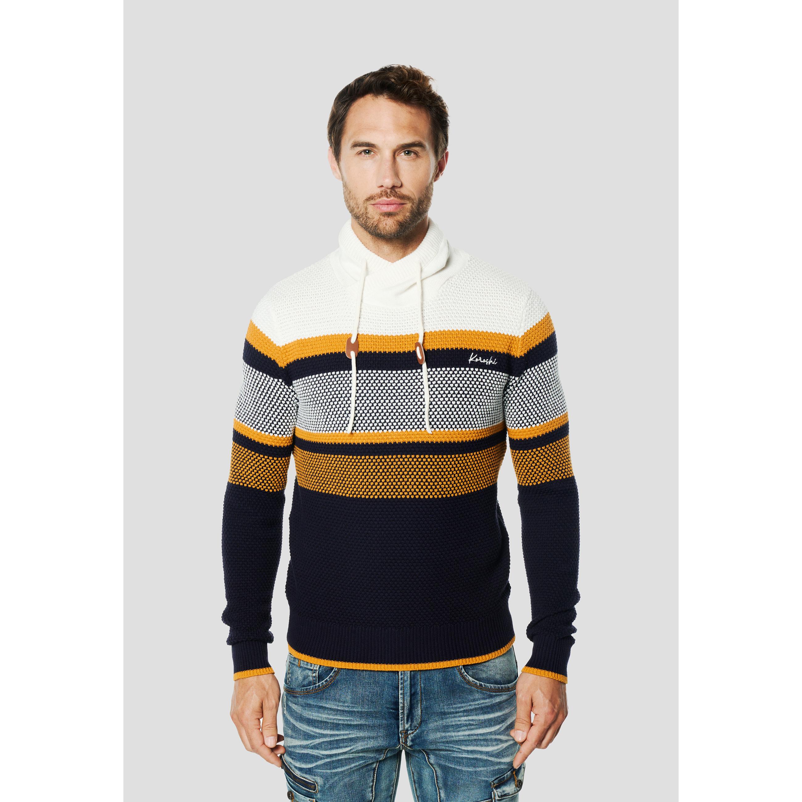 Koroshi - Jersey hombre cuello alto tipo chimenea con cordón ajustable, de punto texturizado color block en 100% algodón para otoño e invierno