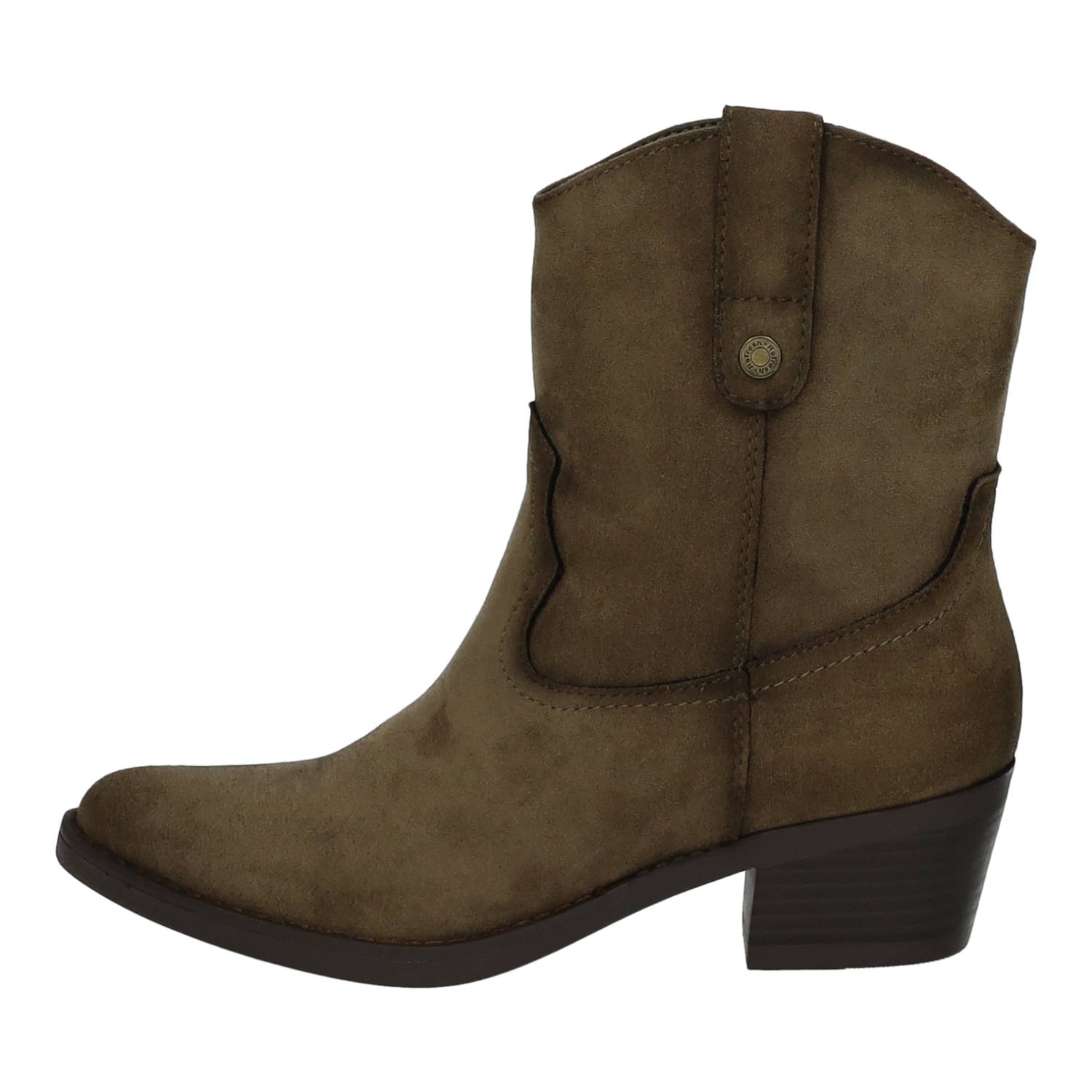 Botines marca REFRESH para mujer en color taupe. Calzado Cowboy, Camperas Veganas de Antelina con Cremallera Lateral, Tacón Ancho Medio, Plantilla Extraíble y Suela de Goma