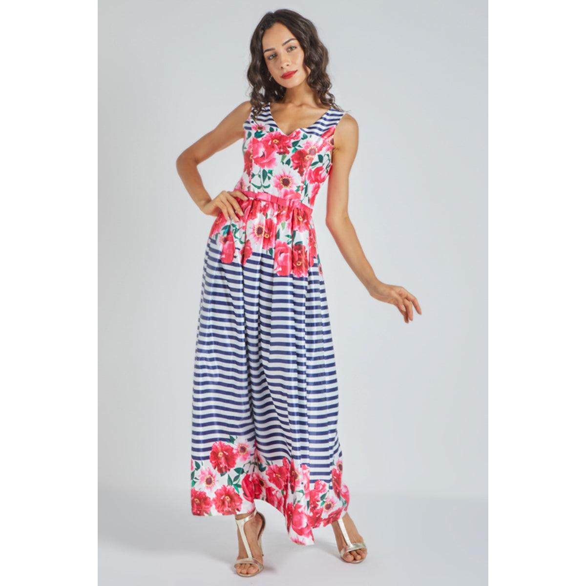 Vestido largo mujer sin mangas dress estampado navy rayas y flores tela suave corte cómodo escote V cintura elástica azul talla 36 outfit ideal urbano elegante versátil vacaciones ✅Entrega 24/48h