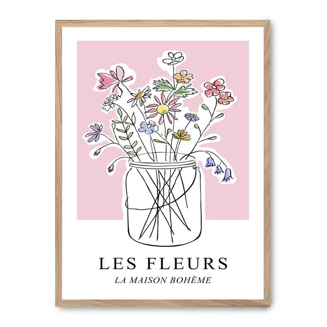 Cuadro les fleurs iii 30x40cm, Póster impreso en papel de primera calidad de 180gr, montado sobre marco de madera MDF acabado roble., Arte - Pinturas