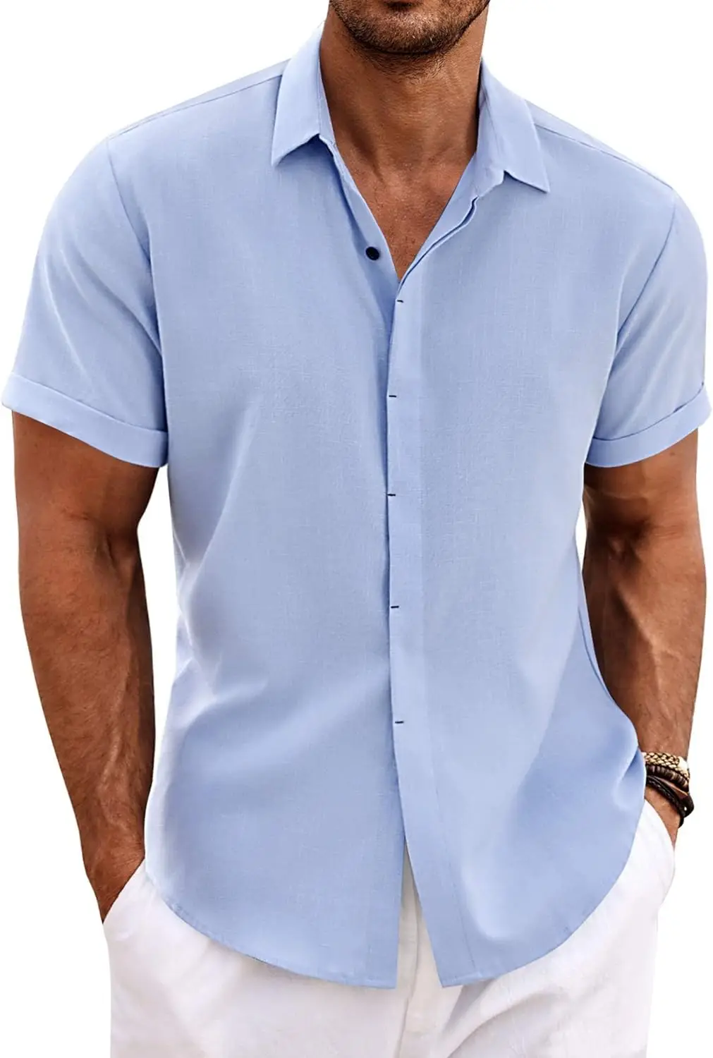 TK Camisa De Hombre Casual De Color Sólido Algodón Y Lino Cómoda De Verano Corta Para Playa Ropa Diaria Con Botones Pullover