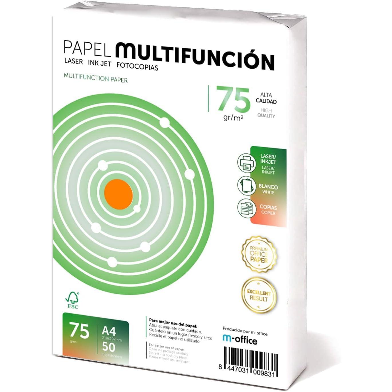 Folios A4 75gr 50 hojas, Papel Multiusos para Impresora, Folios para Impresoras Laser y de Inyección, Fotocopiadora, Fax, Para uso Oficina, Material Escolar, Paquete folios. m-office