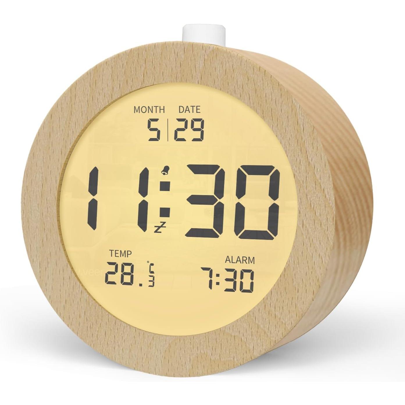 Reloj despertador digital, reloj despertador de madera con pantalla LCD, función de repetición, luz nocturna, redondo