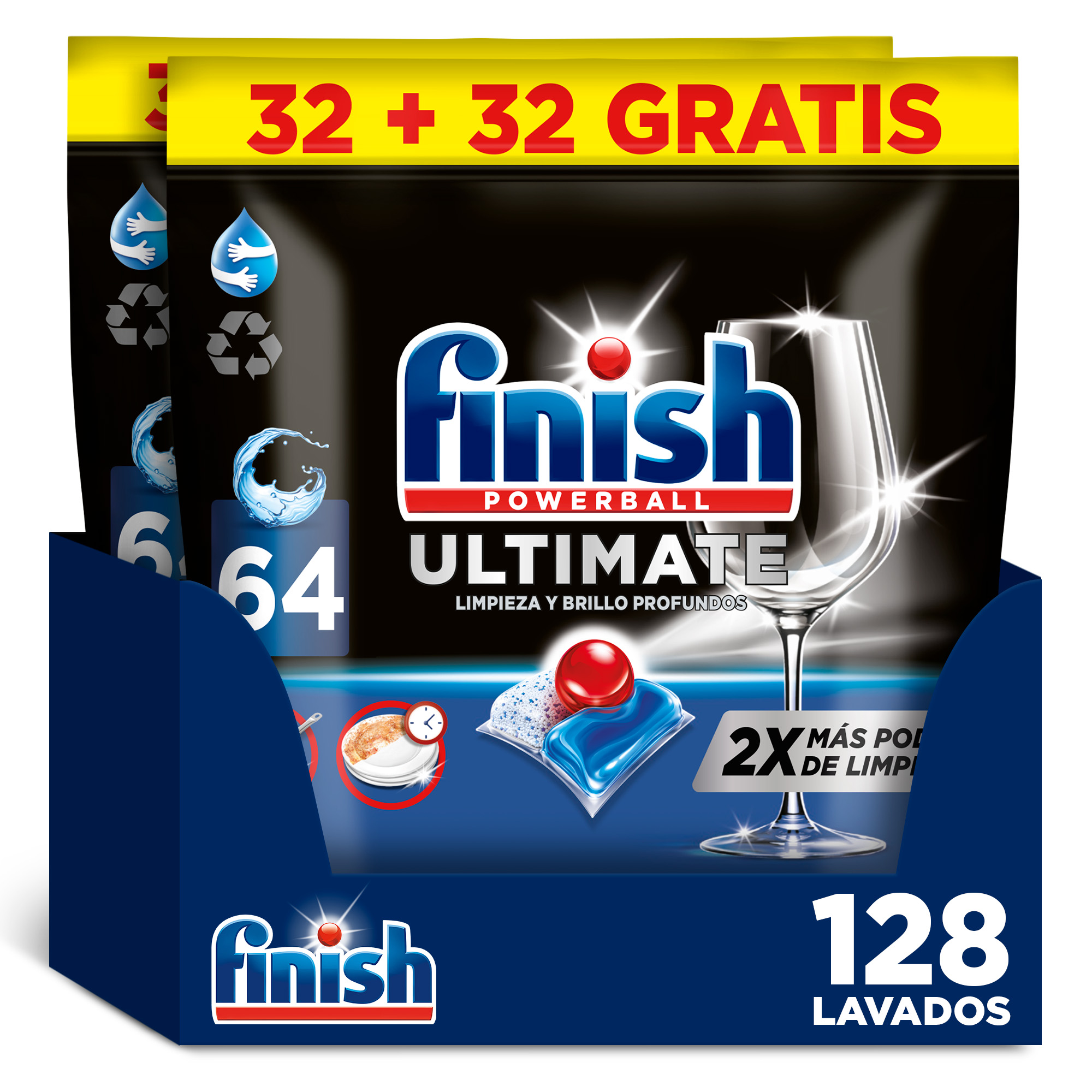 Finish Powerball Ultimate, 128 | 192 | 256 Pastillas para Lavavajillas, Aroma Regular, Limpieza y Brillo Profundos
