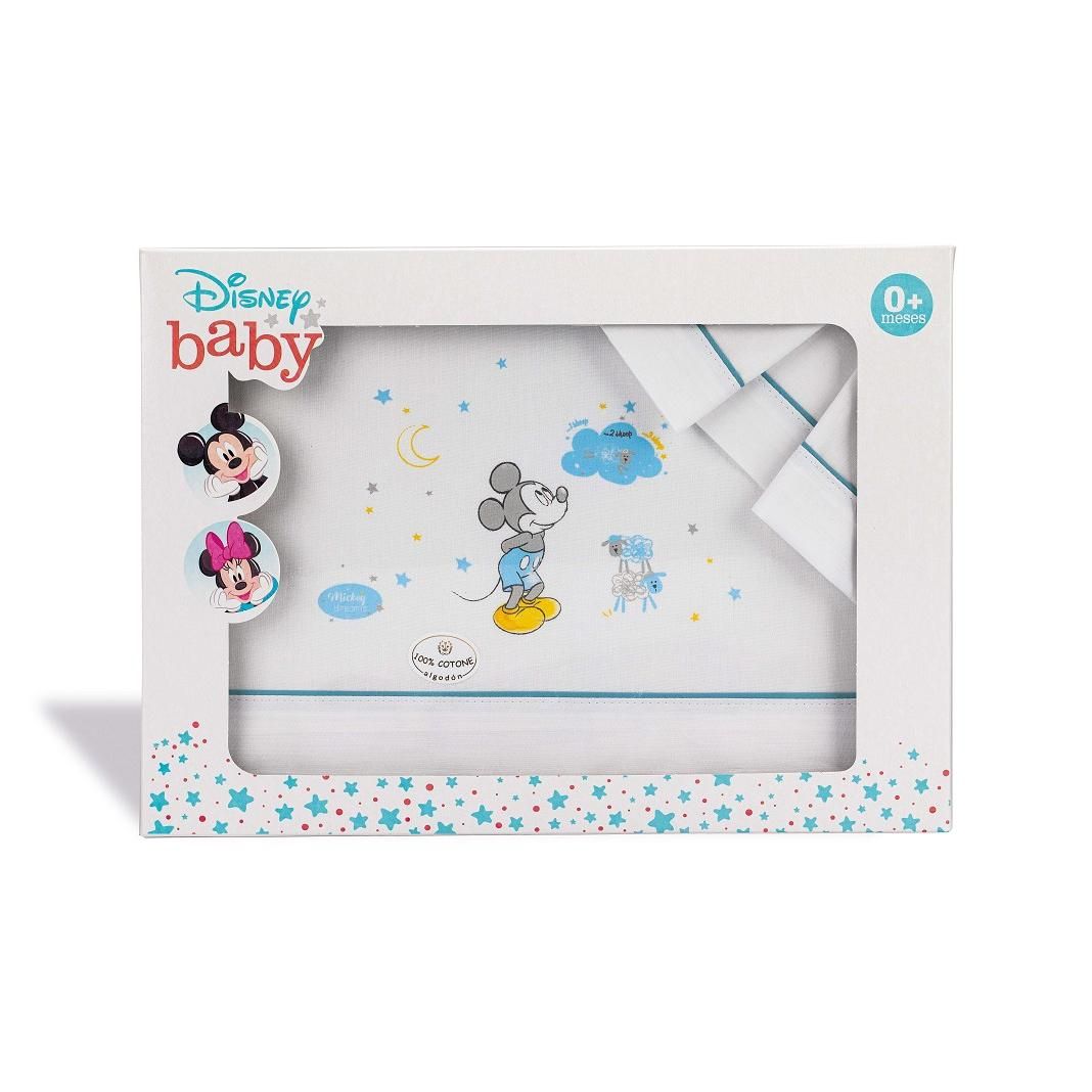 Disney - Juego de sábanas cuna Mickey Mouse 100% algodón 3 PIEZAS Blanco Azul Original (encimera, bajera y funda de almohada)
