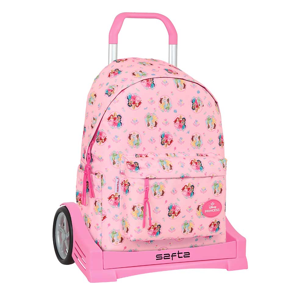 SAFTA | Mochila Grande con Ruedas Princesas Disney Compact Evolution Extraíble Carro Portamochilas Incluido Alto, Hombreras Ergonómicas Acolchadas, Portabotellas y Bolsillo Frontal, Asa Superior, Rosa