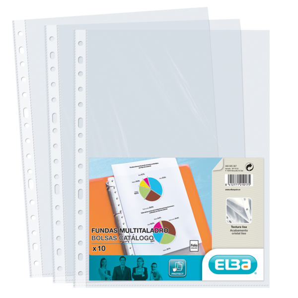Elba pack de 10 fundas multitaladro standard folio - material de pp de 70? - transparente y cristalino
