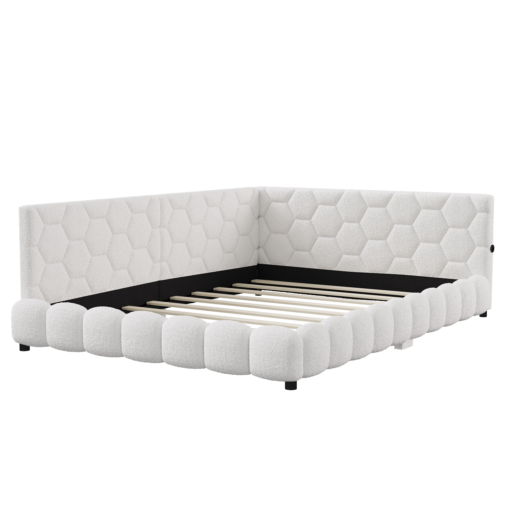 Superaly White Upholstered Bed 140 x 200 cm with LED Lighting and USB Charging Port, Sofa Bed with Slatted Frame, for Children and Teenagers, Lambswool, Without Mattress