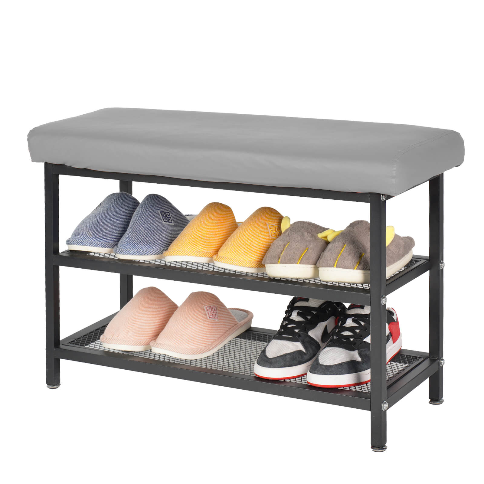 ALLINLIFE Banco Zapatero, Banco tapizado para Zapatos, con cajón, 2 Filas para 6 Pares de Zapatos, Estructura de Acero, Industrial,Cojines de asiento blandos， Marrón Rústico y Gris,Blanco,Naranja