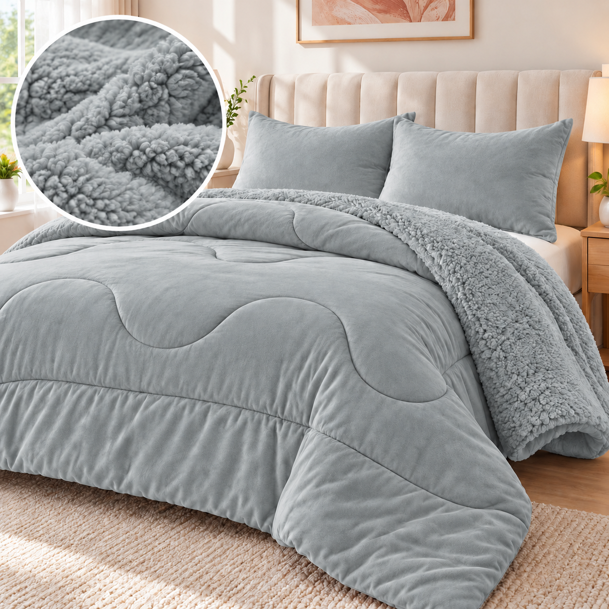Edredón de Invierno con Reverso de Borreguito, Set de 3 Piezas con 2 Fundas de Almohada, Suave, Cálido y Lavable a Máquina, Beige, 2 Tamaños: Cama 150 (220 x 240 cm) y Cama 180 (240 x 260 cm)