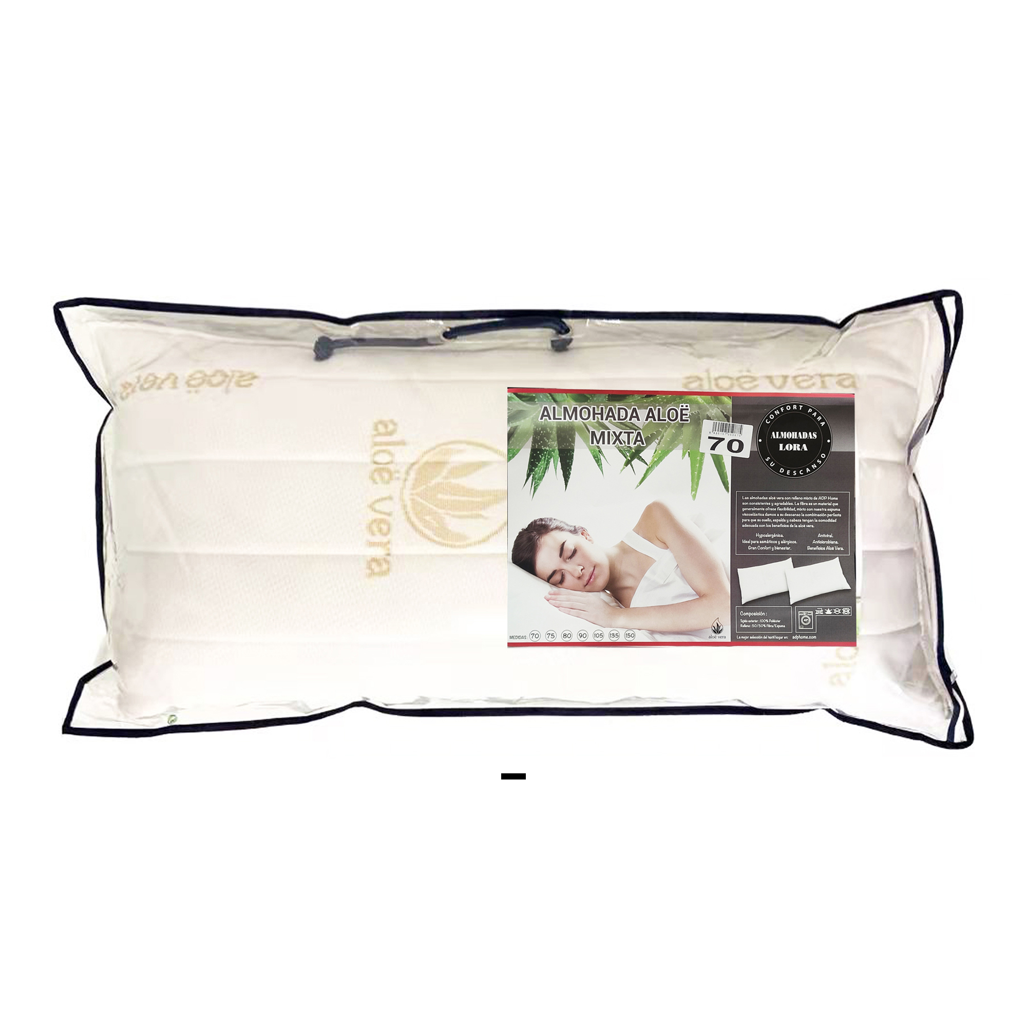 UD - Almohada Aloe Vera Copos de Fibra Y Espuma .transpirable antialérgica confortable antiácaros indeformable ecológica, Tejido de Aloe Vera, Adaptables a Cabeza y Cuello