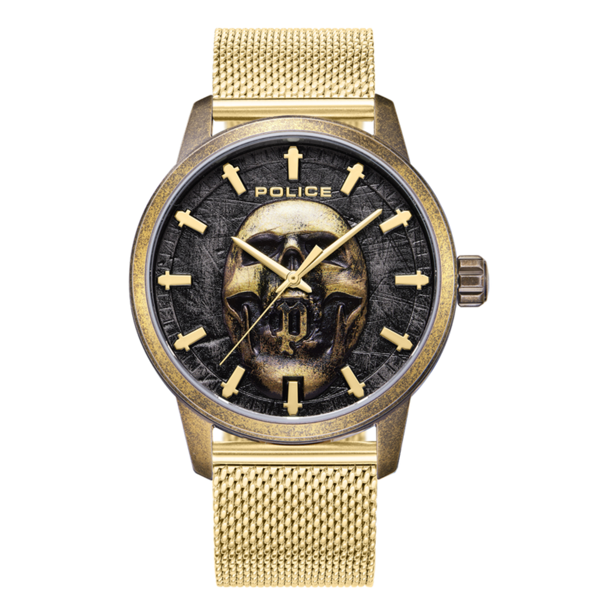 Reloj POLICE Raho Hombre - Brazalete de Acero Malla Milanesa IP Dorado - Esfera Negra con Calavera | 5 ATM | PEWJG0005504