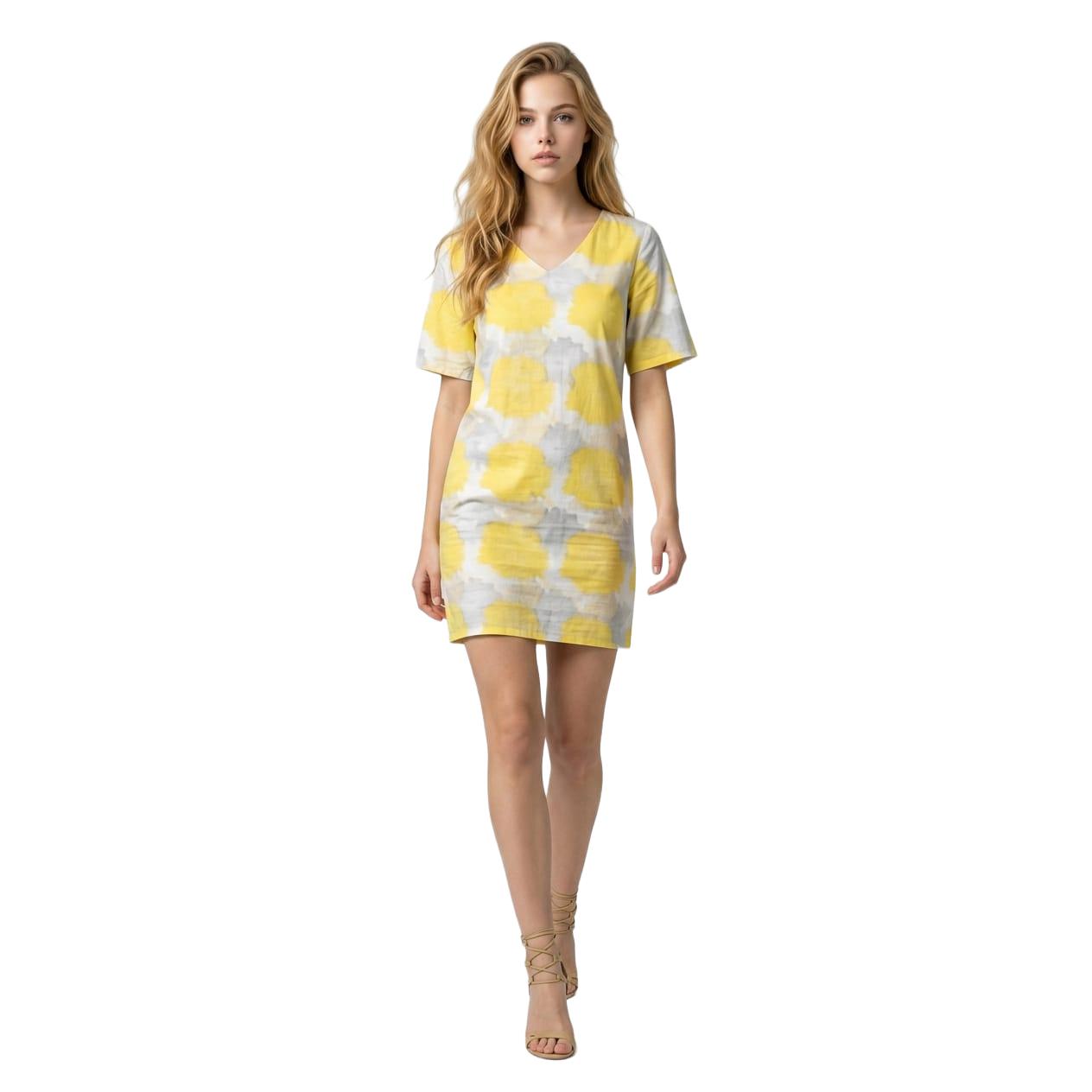 Vestido amplio Marca BanBat estampado de 100% algodón con cuello redondo y escote de pico, manga corta y cremallera trasera en contraste para mujer- REF: D794