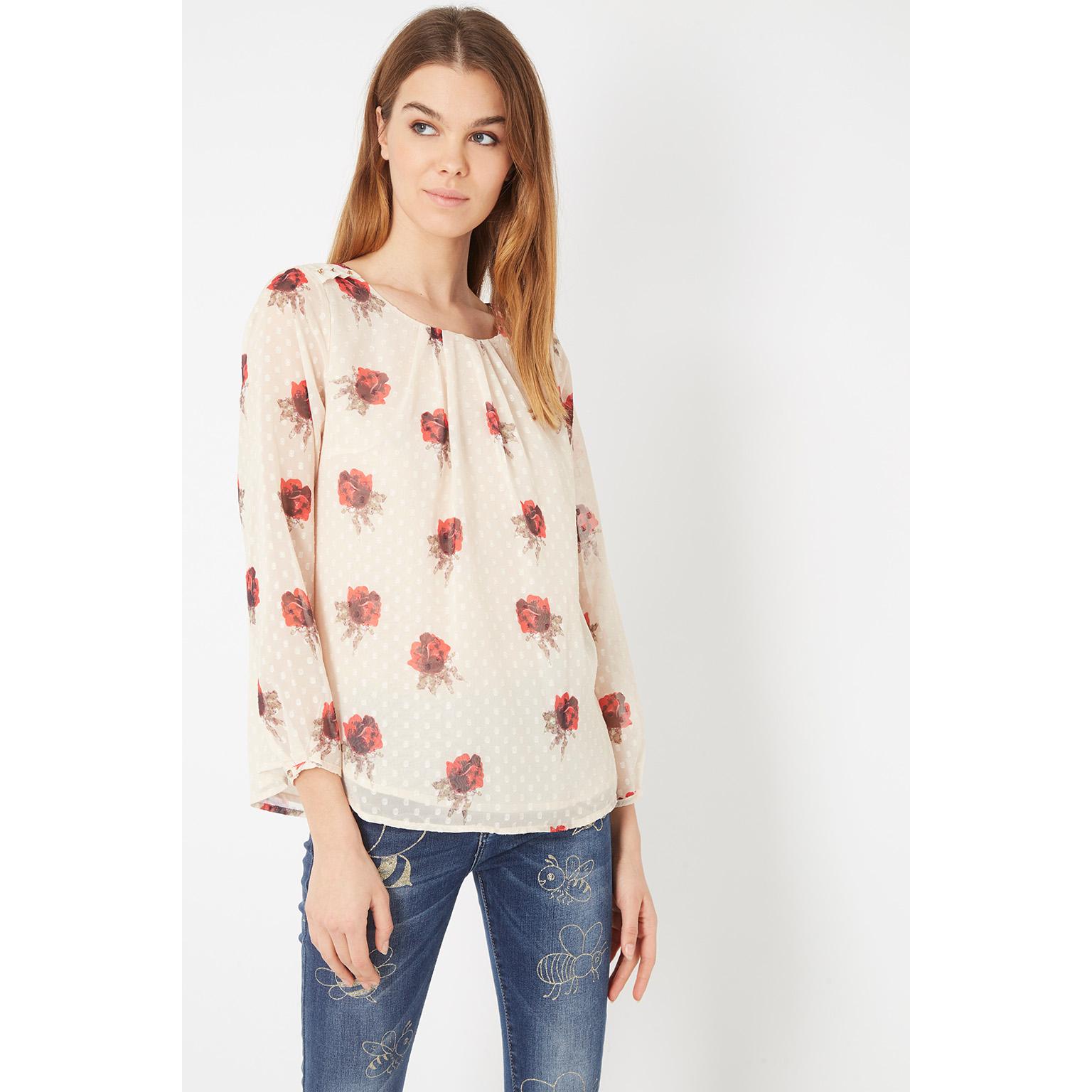 Blusa de gasa con estampado floral y de lunares, cuello redondo, manga 3/4 y detalles metalizados en los hombros. Ligera, elegante y con forro integrado- AN-260231