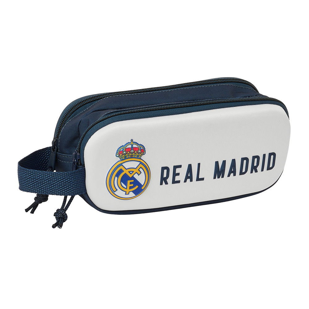 Real Madrid CF - Estuche portatodo doble 21x6x8cm con compartimentos múltiples para escolares y aficionados, diseño oficial del club