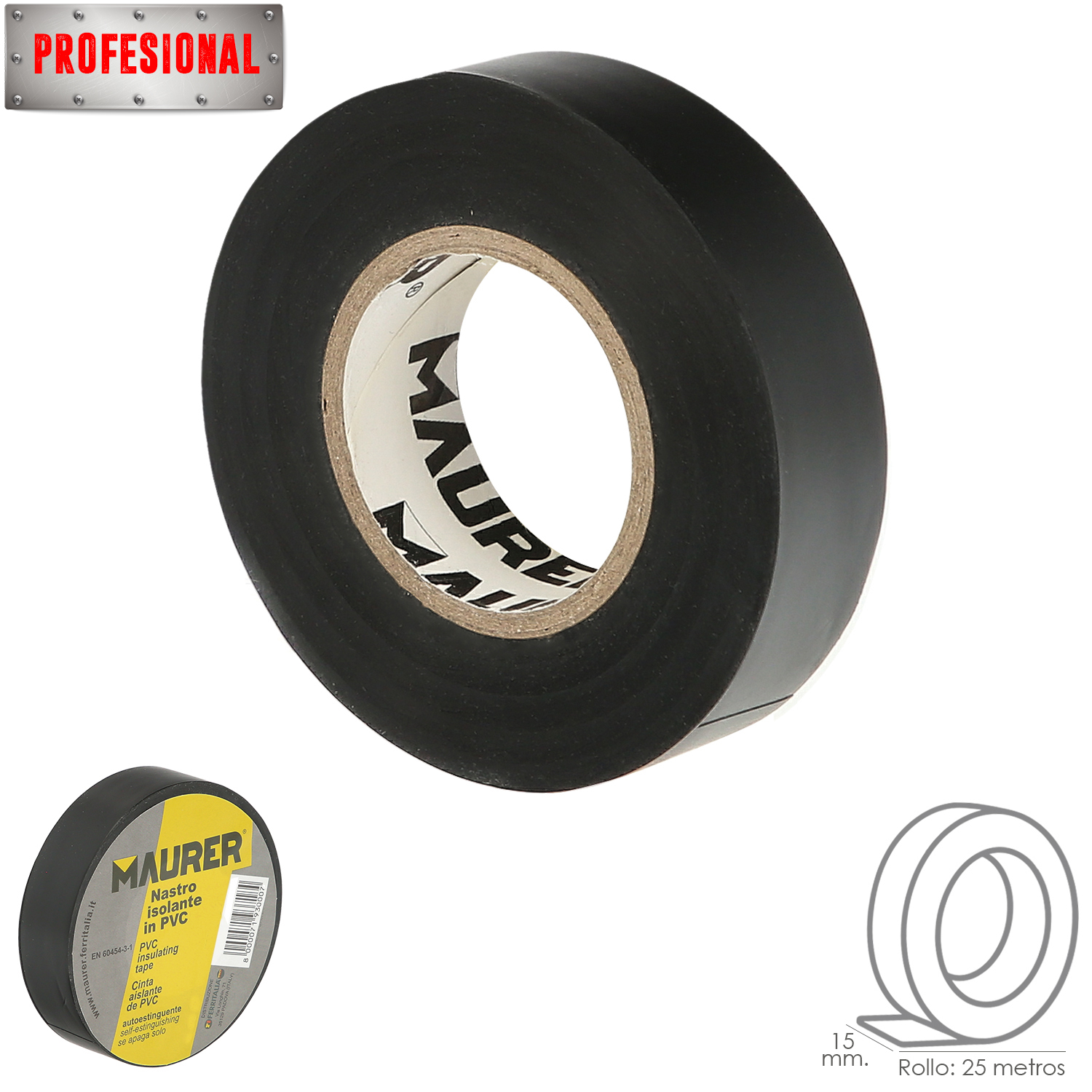 SANCO STORE - MAURER Cinta Aislante, PVC, Profesional, 25 metros x 15 mm. x 0,13 mm espesor. Color Negra.