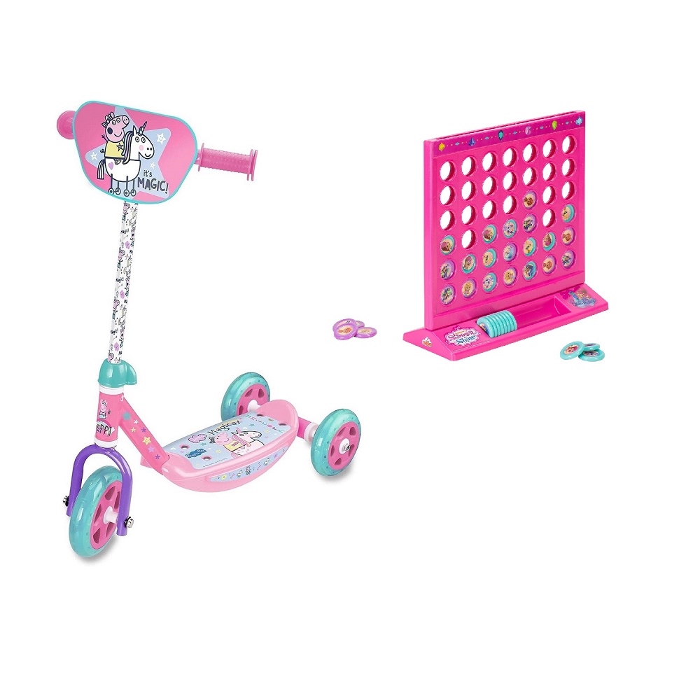 Pack de Patinete infantil 3 Ruedas de Peppa Pig y Juego 4 en Línea de Shimmer and Shine (6172) +2Años