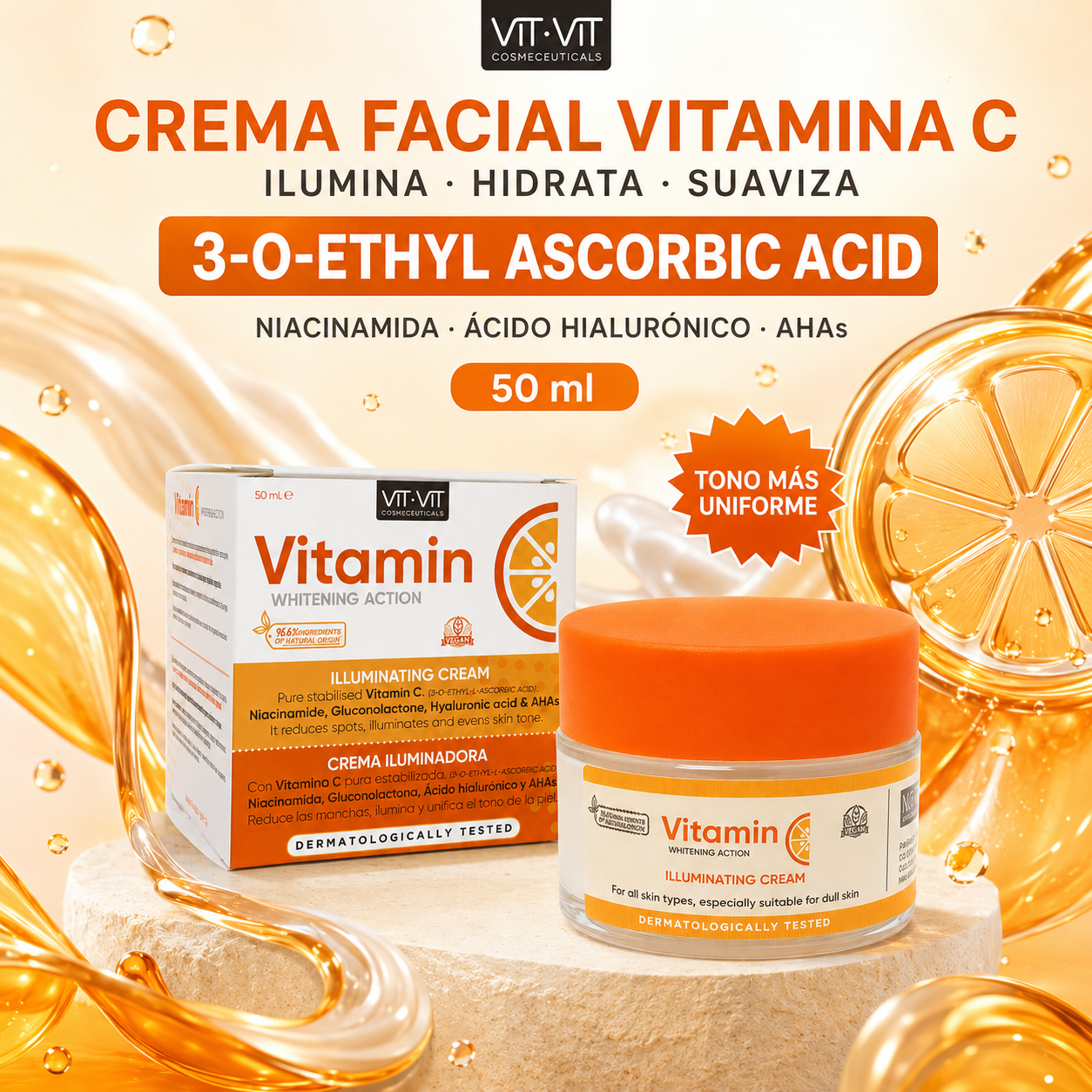 Crema Facial Iluminadora de Noche con Vitamina C VIT VIT 50 ml | Niacinamida, Ácido Hialurónico y AHA | Diet Esthetic