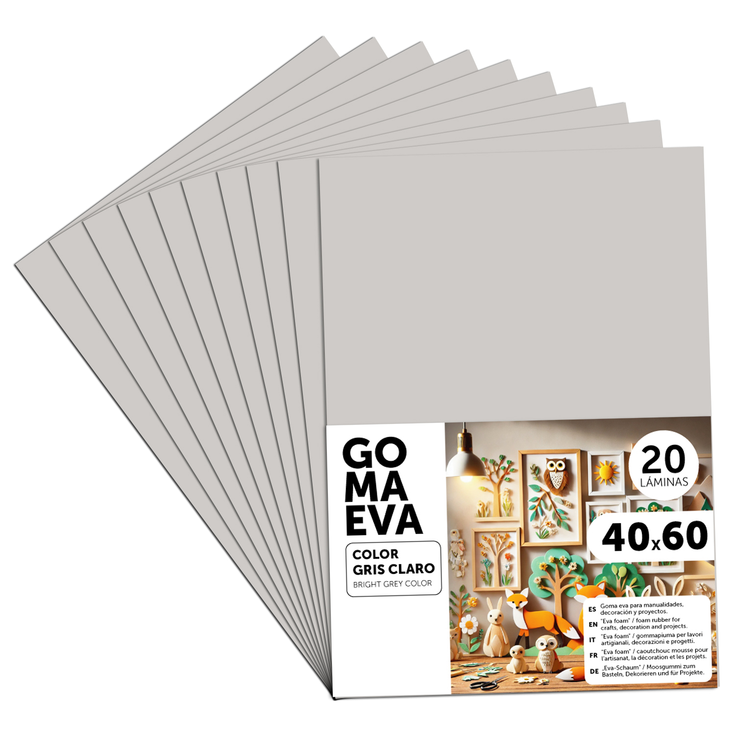 Goma Eva para Manualidades, Goma Espuma de Colores para Proyectos Creativos, Ideales para Artes y Manualidades, uso Escolar, Profesional o Artístico 40x60cm - m-office (Gris Claro, 20 uds)