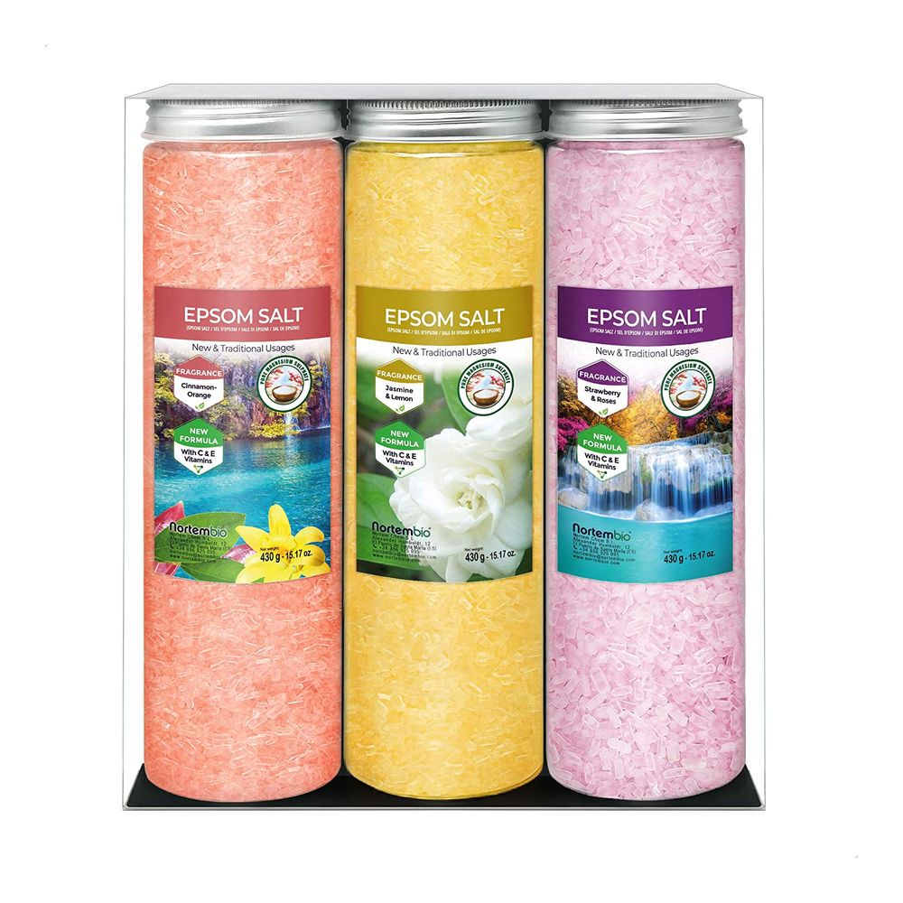 NORTEMBIO Sales de Epsom 100% Fragancia Canela y Naranja + Fresa y Rosas + Jazmín y Limón 3 x 430g | Fuente concentrada de magnesio | Hidratada con Vitamina C y E | E-Book Incluido