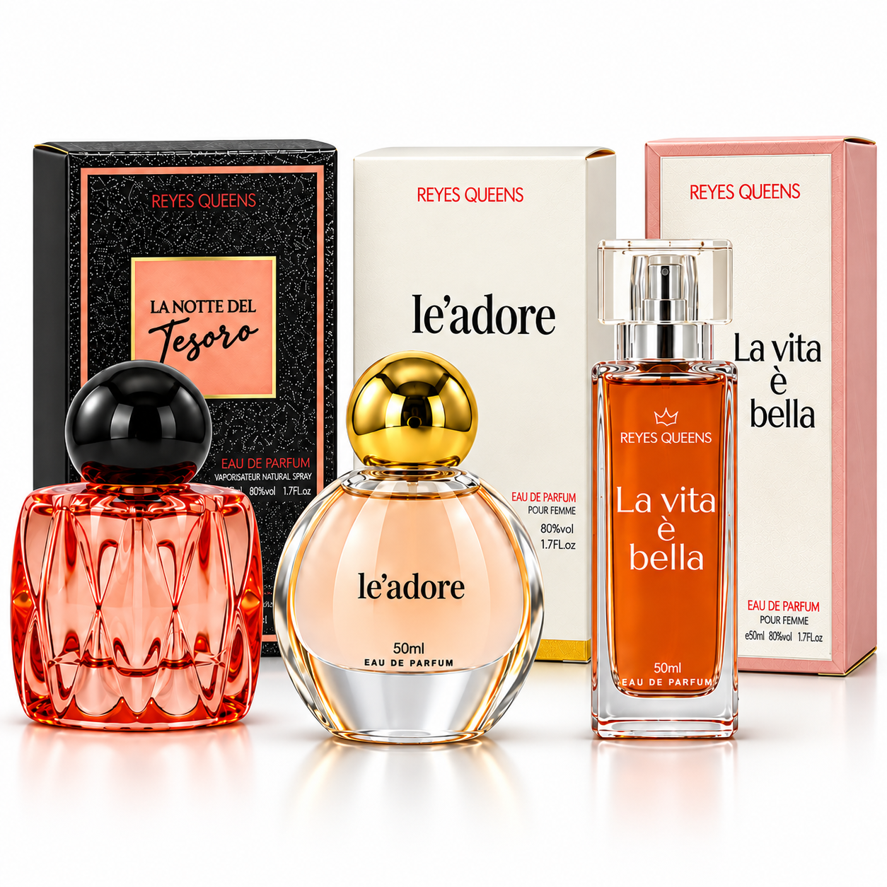 Pack de 3 perfumes para mujer, Eau de Parfum 3 × 50 ml, La Notte del Tesoro, Le’adore y La vita è bella, fragancias florales y ambaradas con cajas individuales