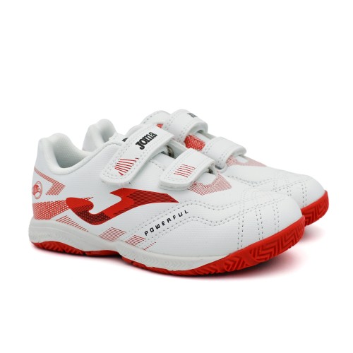 Zapatillas fútbol sala JOMA POWERFULL JR 2502 en blanco con doble velcro.