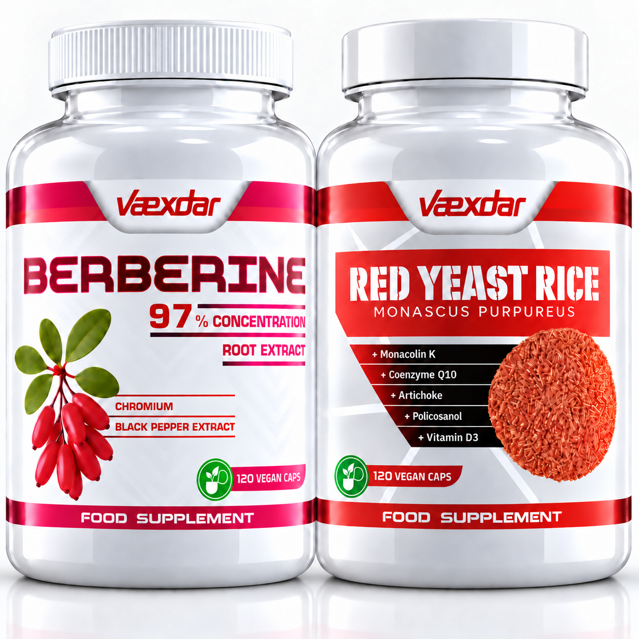 Berberina 97% con Cromo y Pimienta Negra - 120 Cápsulas Vegetales + Levadura de Arroz Rojo con Coenzima Q10, Policosanol, Alcachofa y Vitamina B3 - 120 Cápsulas Vegetales - REGALO Toalla Oficial - Combinación Avanzada Integral - Vaexdar Supplements