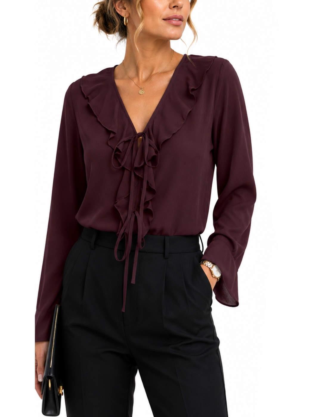Blusa Only Vinni granate volantes manga larga para mujer