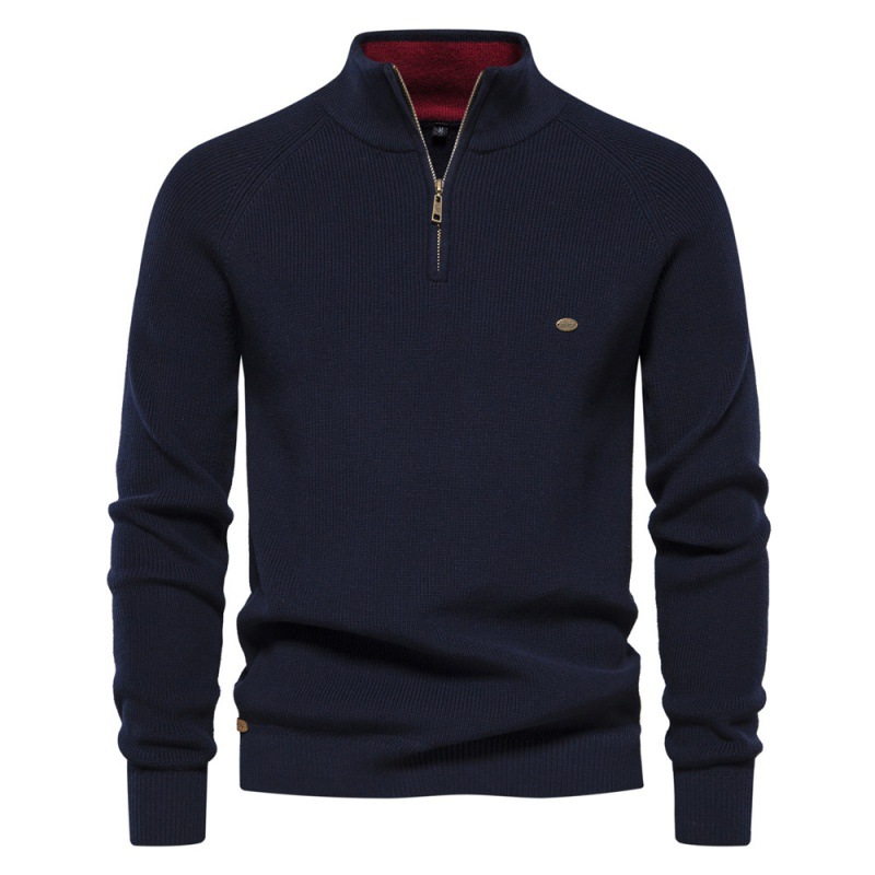 TK Suéter de hombre de otoño/invierno, con pecho medio abierto, manga larga y cuello alto, color liso, estilo casual.