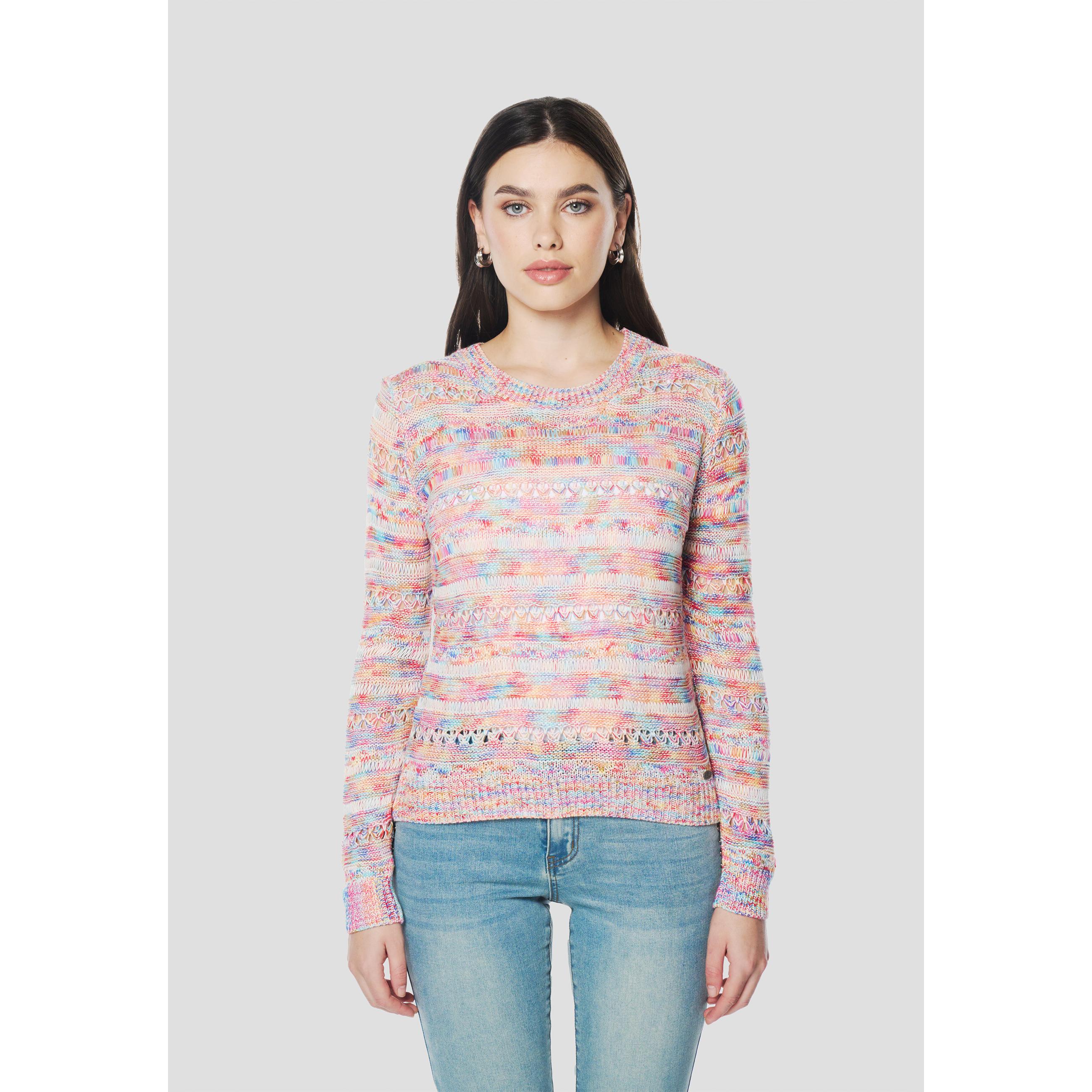 Koroshi - Jersey de mujer punto calado multicolor de 100% acrílico, manga larga y escote redondo para entretiempo