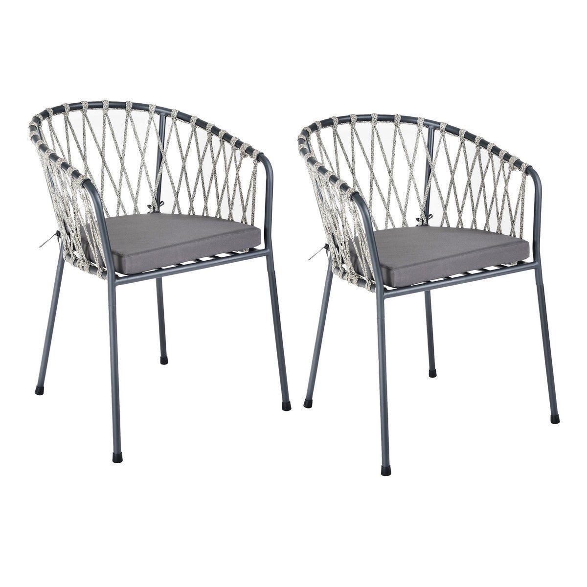 Pack 2 Sillas exterior Myra Acero y Cuerda Trenzada color Grafito De 52x51x80 cm. Cojín Incluido. Con pintura epoxi para exterior. Diseño moderno y estilo propio. Patas Desmontables. MONTY