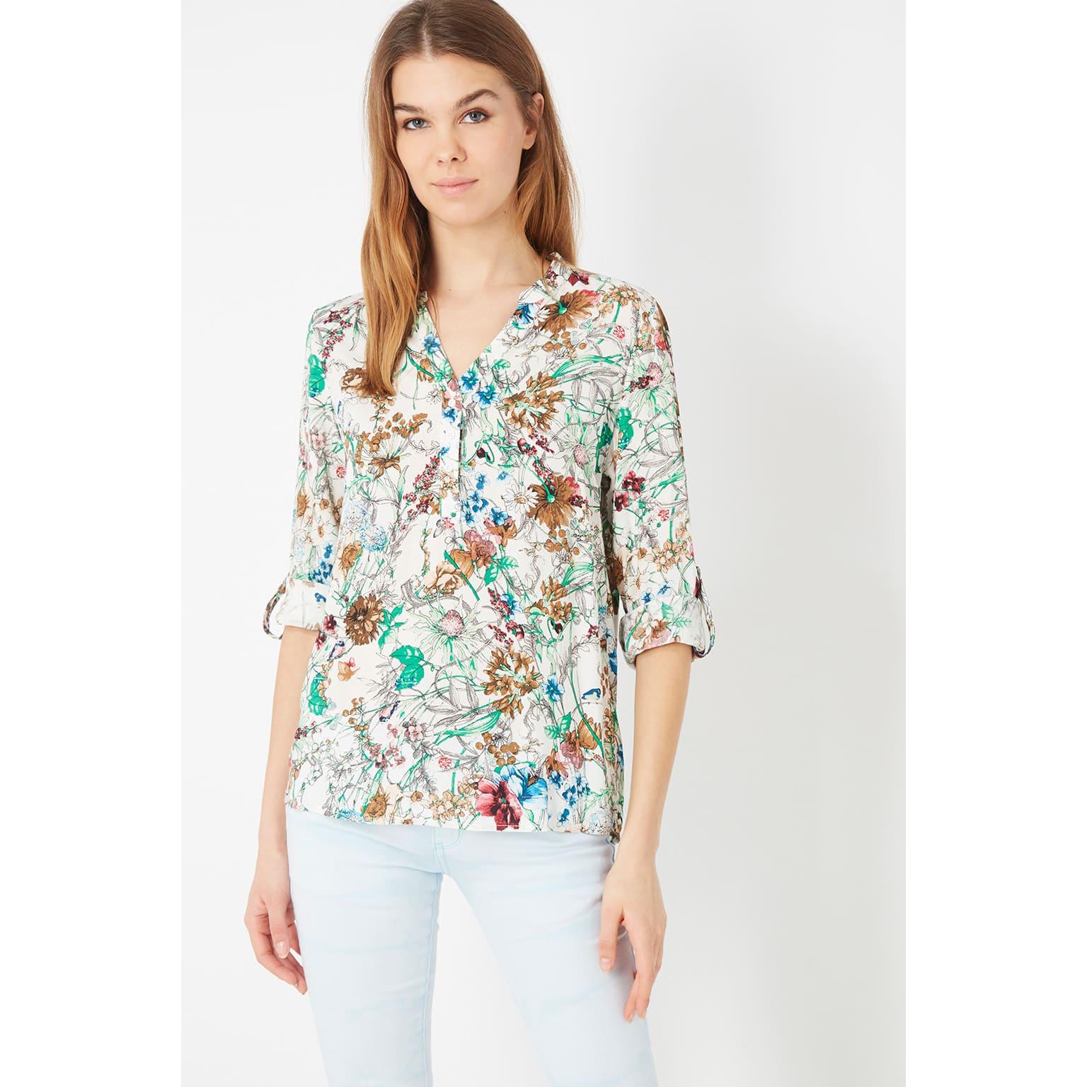 Blusa mujer floral blanca, camisa estampada, diseño manga larga botón, cuello tunecino, fresca cómoda elegante, ideal oficina y casual, talla 38, ✅Entrega 24/48h