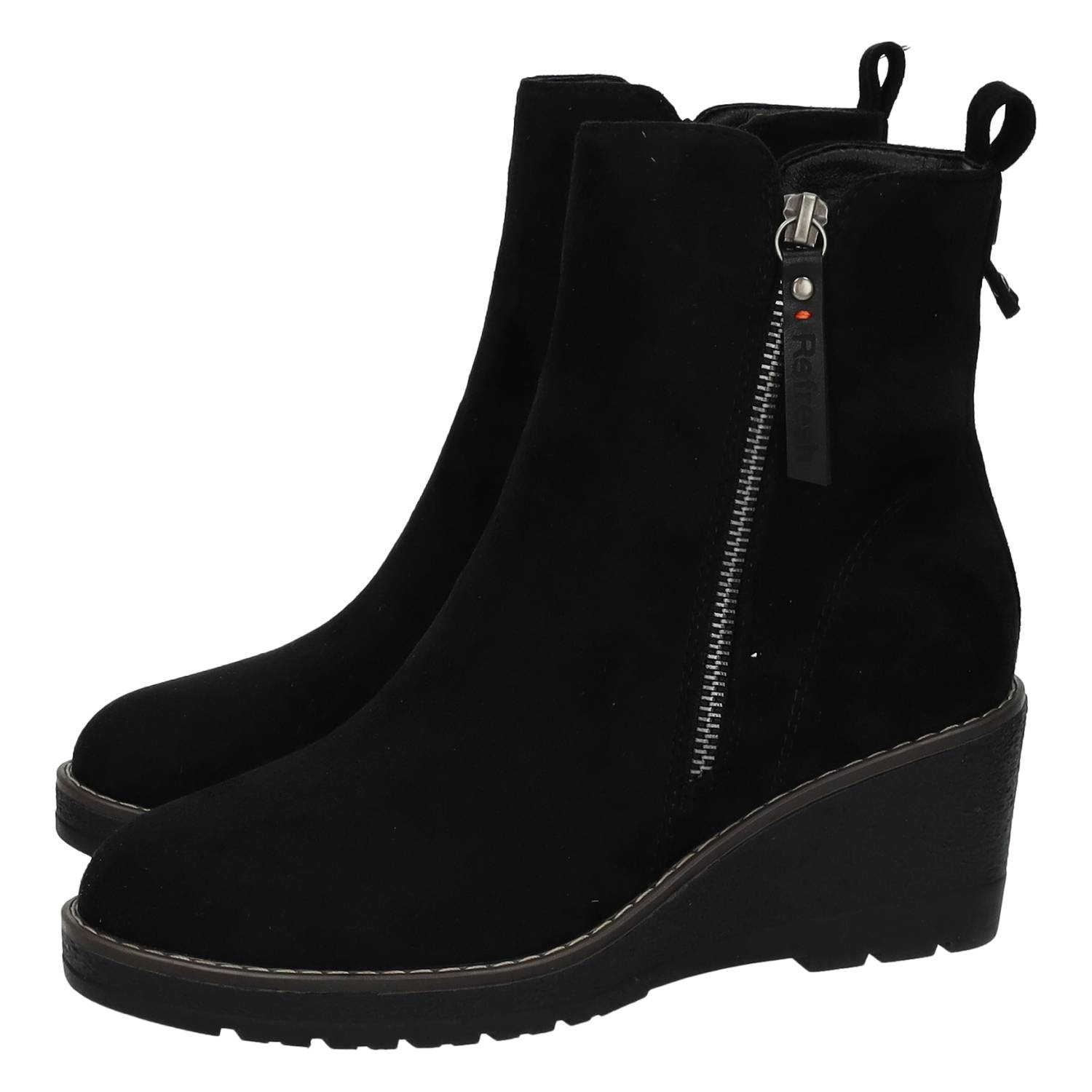 Refresh brand ankle boots for women in black. Refresh black women's ankle boots with medium wedge, side zipper and elegant casual style