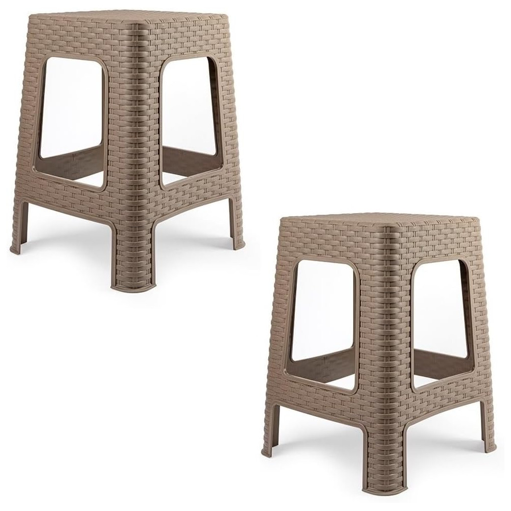 Taburete Plástico Estilo Ratán Apilable Interior y Exterior España - 36x36x45cm (Marron) Pack de 2 COSHANO