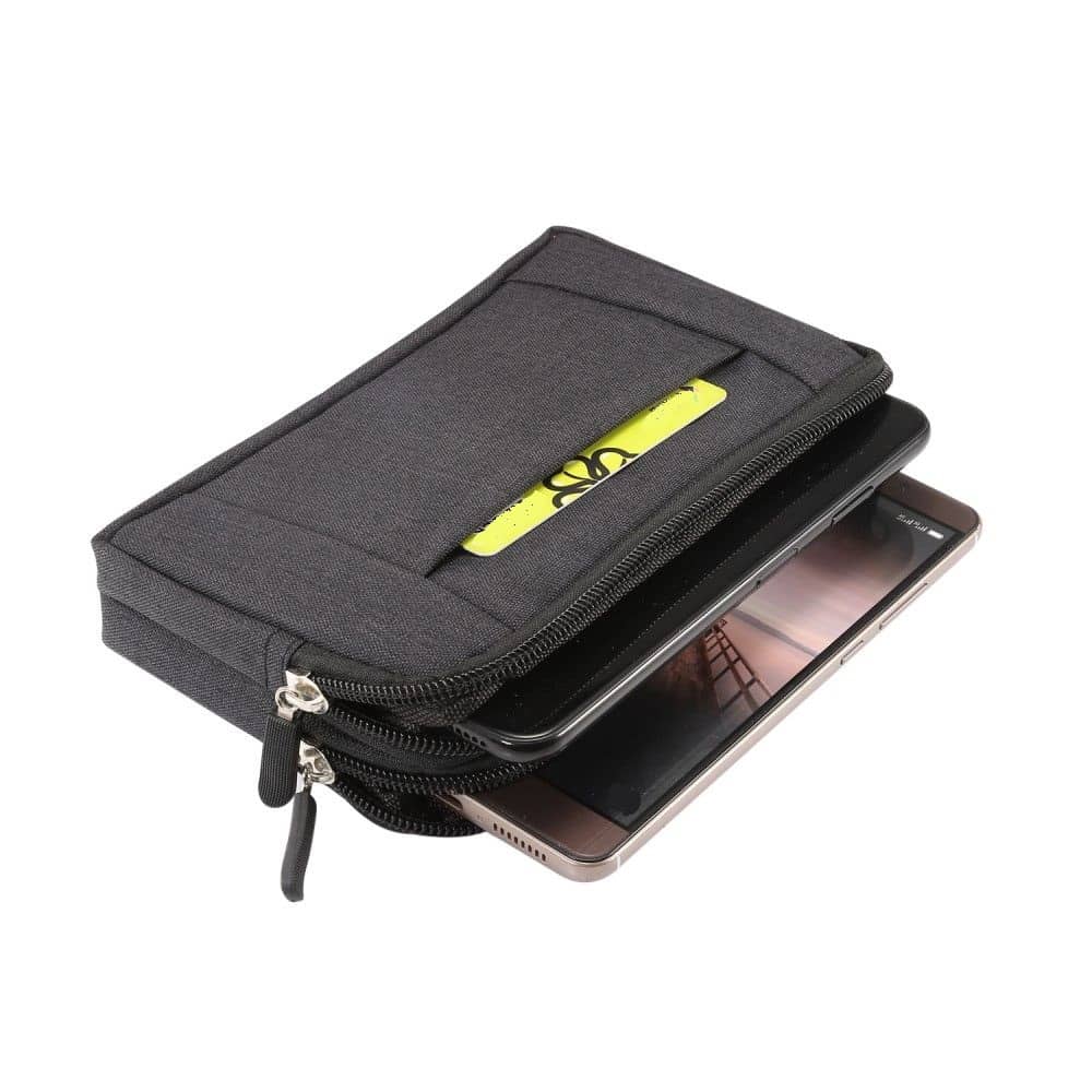 DFV mobile - Funda Cinturon Horizontal Multiusos con 2 Compartimentos de Cremallera para Oppo Realme 6s Global (2020) - Negra (16,5x 9cm)