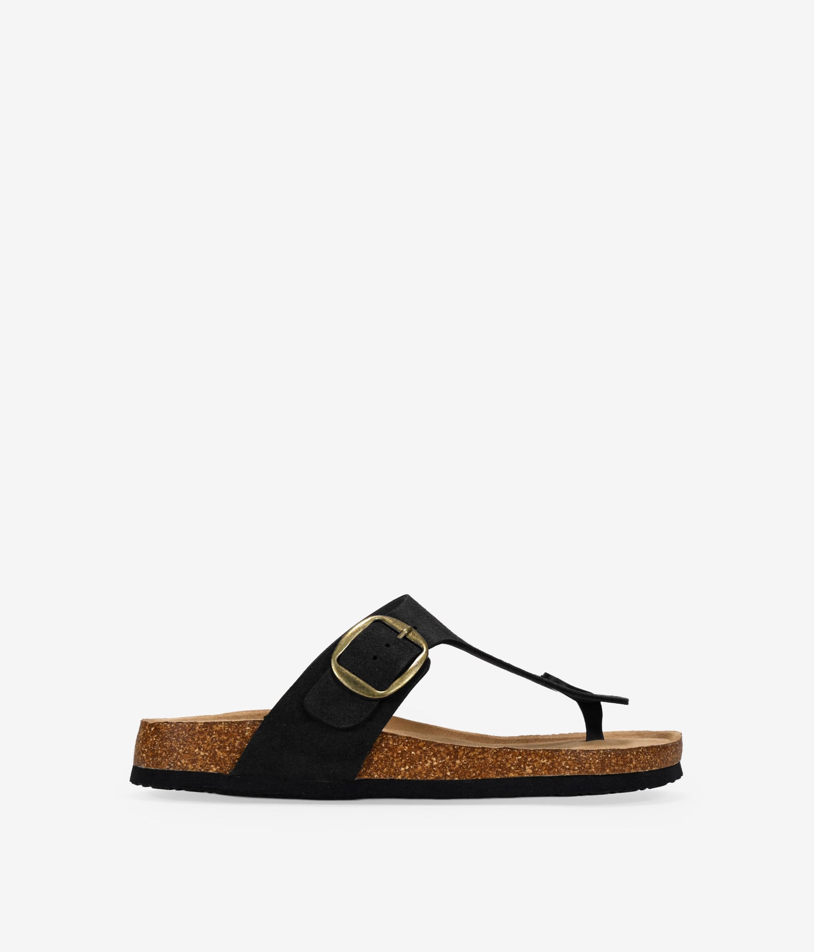 Bosanova Sandalias de dedo para mujer en serraje de piel color negro, hebilla metÃ¡lica lateral ajustable y suela bio de corcho. Sin cierre.