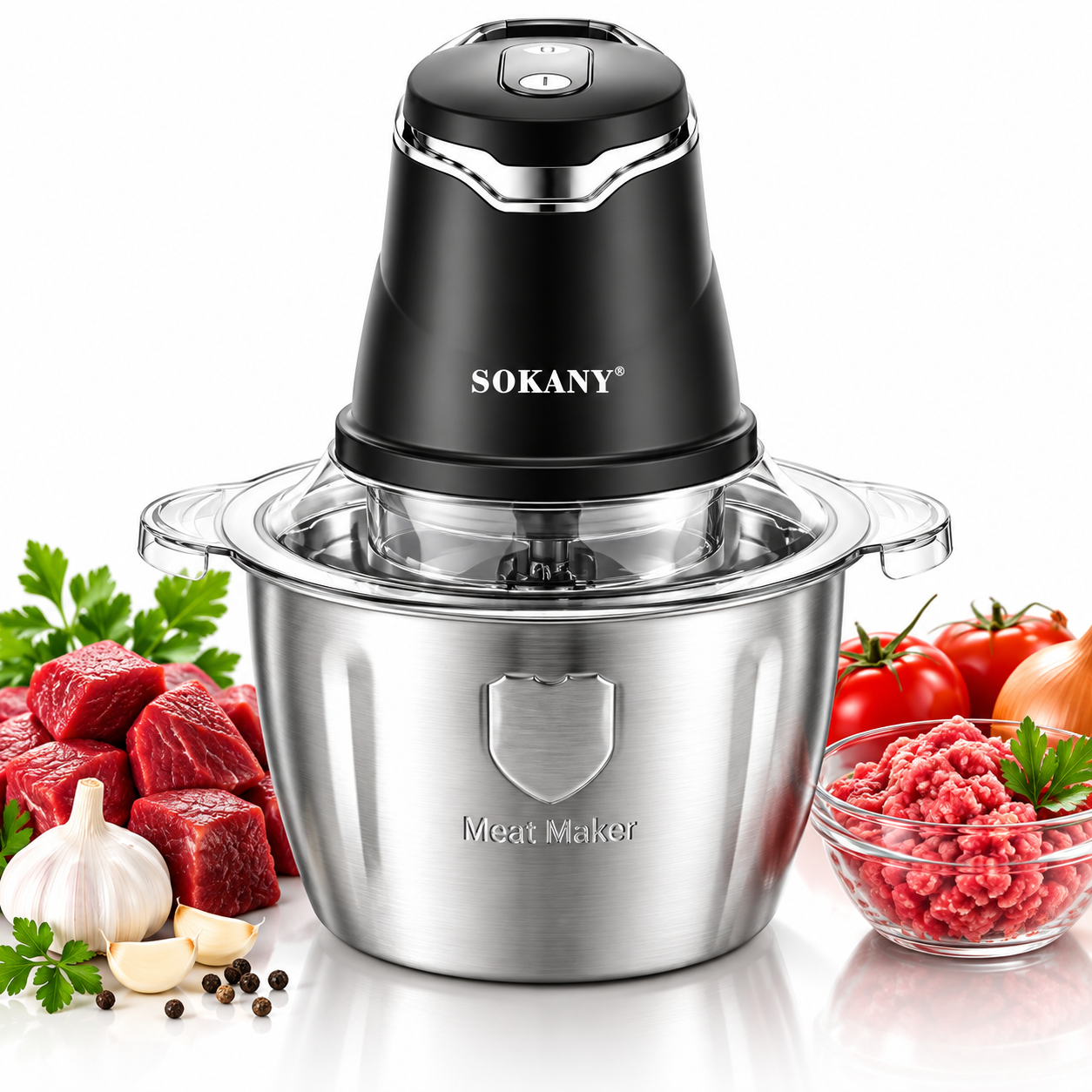 SOKANY Picadora de Alimentos Eléctrica 400W 2L, Picadora de Carne con 4 Cuchillas de Acero Inoxidable y 2 Velocidades, Trituradora Multifunción para Cocina