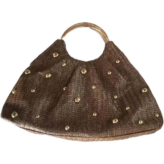 Bolso de mano tejido elegante de paja para mujer, bolso de noche redondo para fiesta con remaches decoración de cuentas