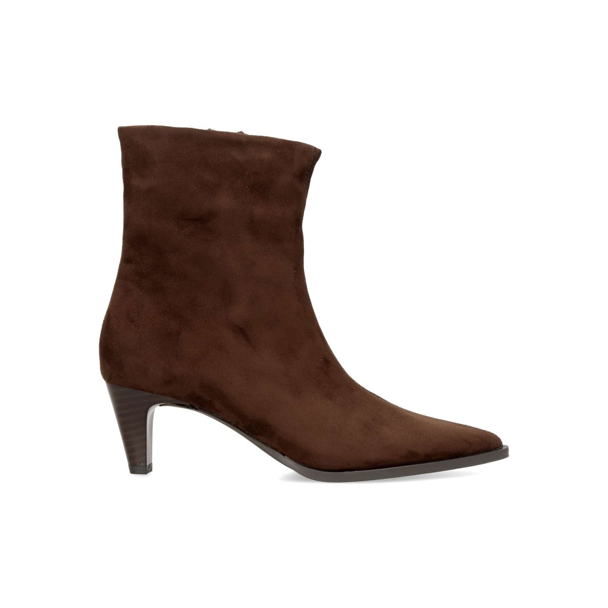 Vanessa Calzados - Botines de mujer punta fina en antelina color café con tacón fino 5,5 cm y cierre lateral cremallera diseño elegante