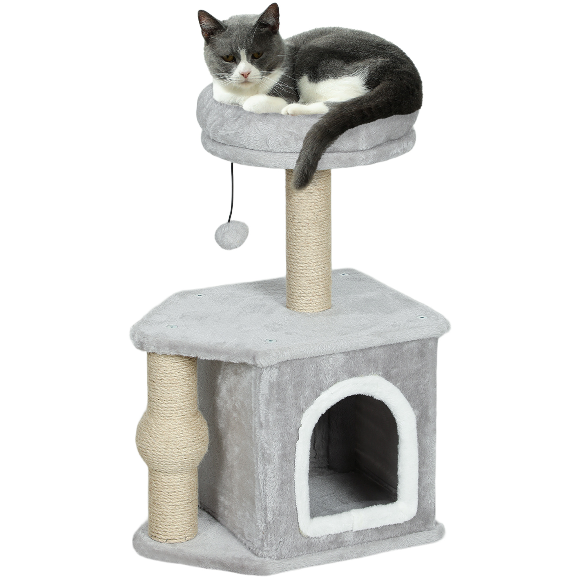 PawHut Árbol para gatos, torre de juegos para gatos, 26" de alto, con postes rascadores de yute, cama para gatos, plataforma, pelota de juego, gris claro