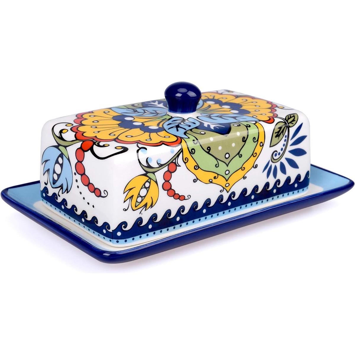 Mantequera de porcelana pintada a mano, decorativa para la mesa.
