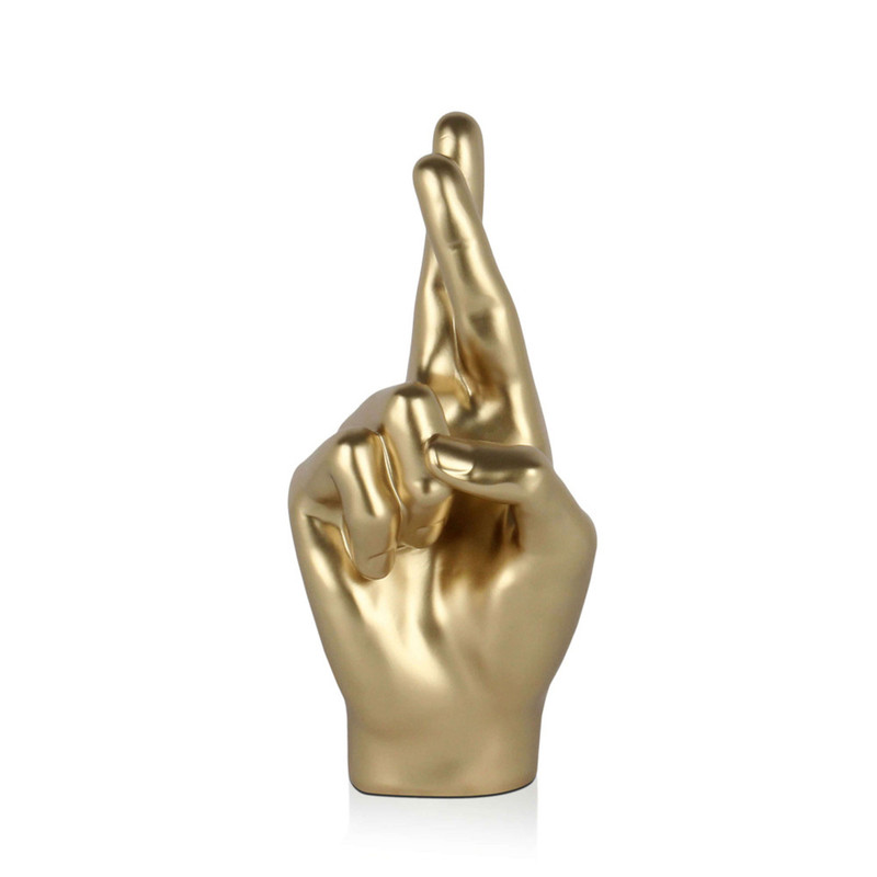 ORION91® - Unidad - Escultura dedos cruzados dorada 28 x 12 x 11 cm, figura artesanal resina con acabado metálico - spaziOrion91