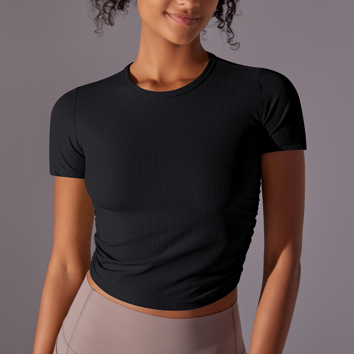 CA Camiseta de manga Corto de Yoga para Mujer, tejido acanalado de Color sólido, Short Top ajustado para Gimnasio, Chaleco transpirable de secado rápido para correr, ropa Deportiva