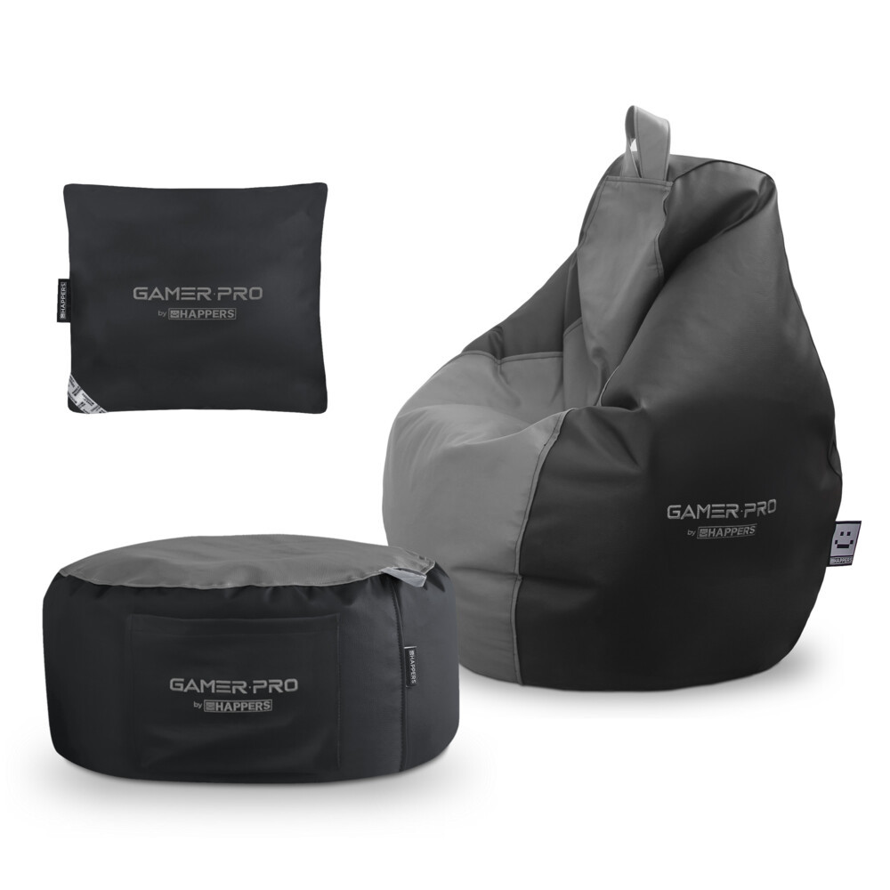 Pack Gamer Gris: Puff Gamer PRO + Reposapies + Cojín HAPPERS - Cómodo, ligero y resistente. Make it Happers®