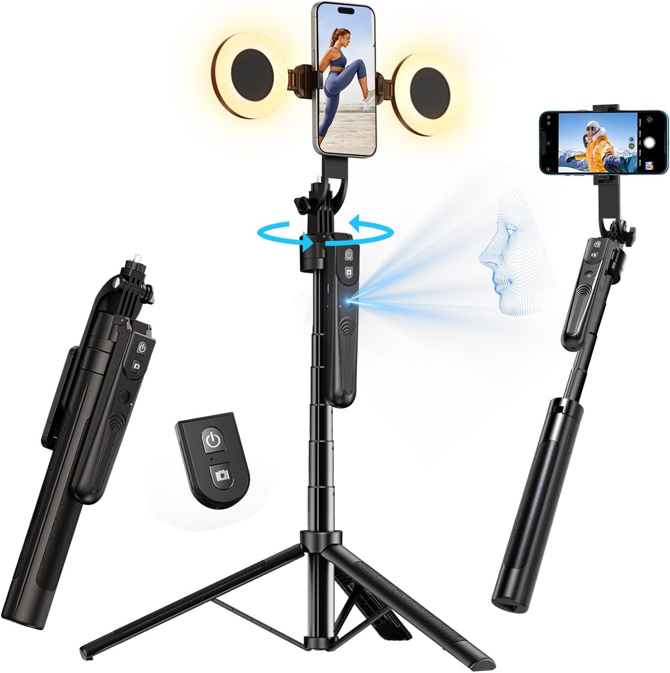 Automático Facial Seguimiento Trípode con Luz, Sin App, 360 ° Rotación 180cm Trípode para Teléfono con Sensor de Movimiento, Soporte para Cámara de Teléfono para Vlog/Vídeo/Grabación