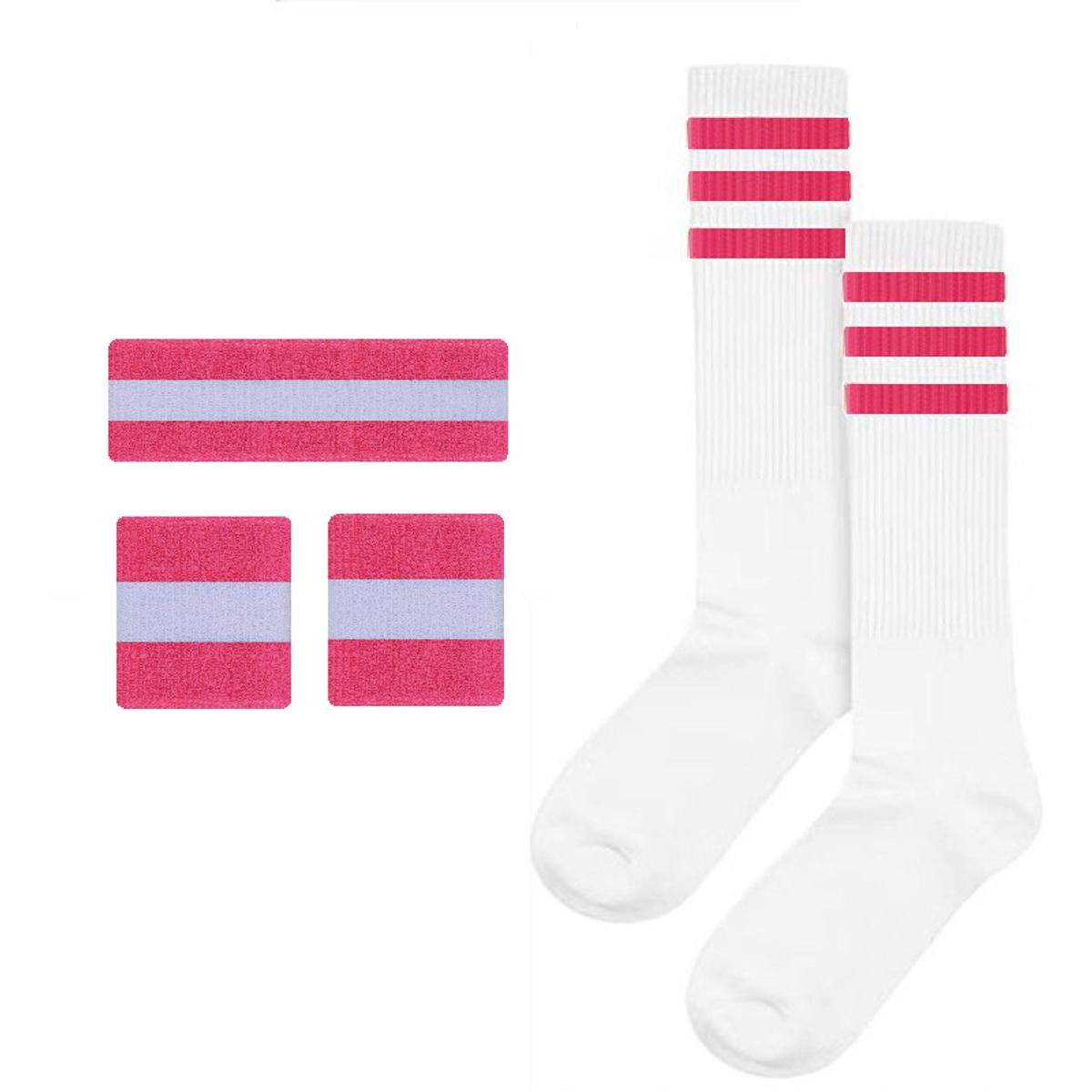 5-delige gestreepte zweetband en sokkenset, gestreepte zweetbandjes met hoofdband, gestreepte hoge sokken voor heren, dames, sport en feesten,roze rood