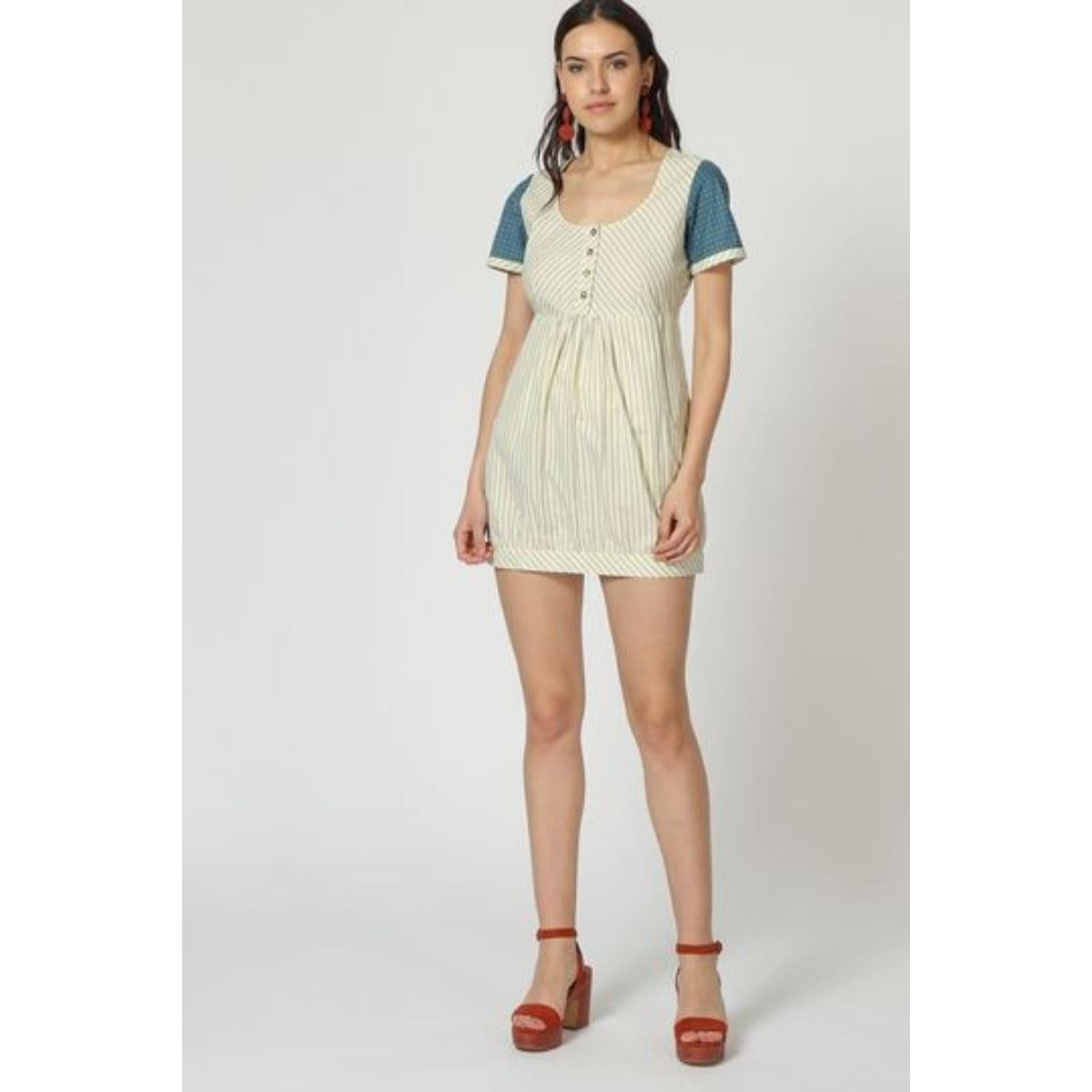 Vestido corto mujer, dress rayas beige, botones frontales, mangas contraste azul, algodón cómodo, escote redondo, estilo bohemio casual, tallas XS, look fresco urbano, versátil para diario ✅Entrega 24/48h