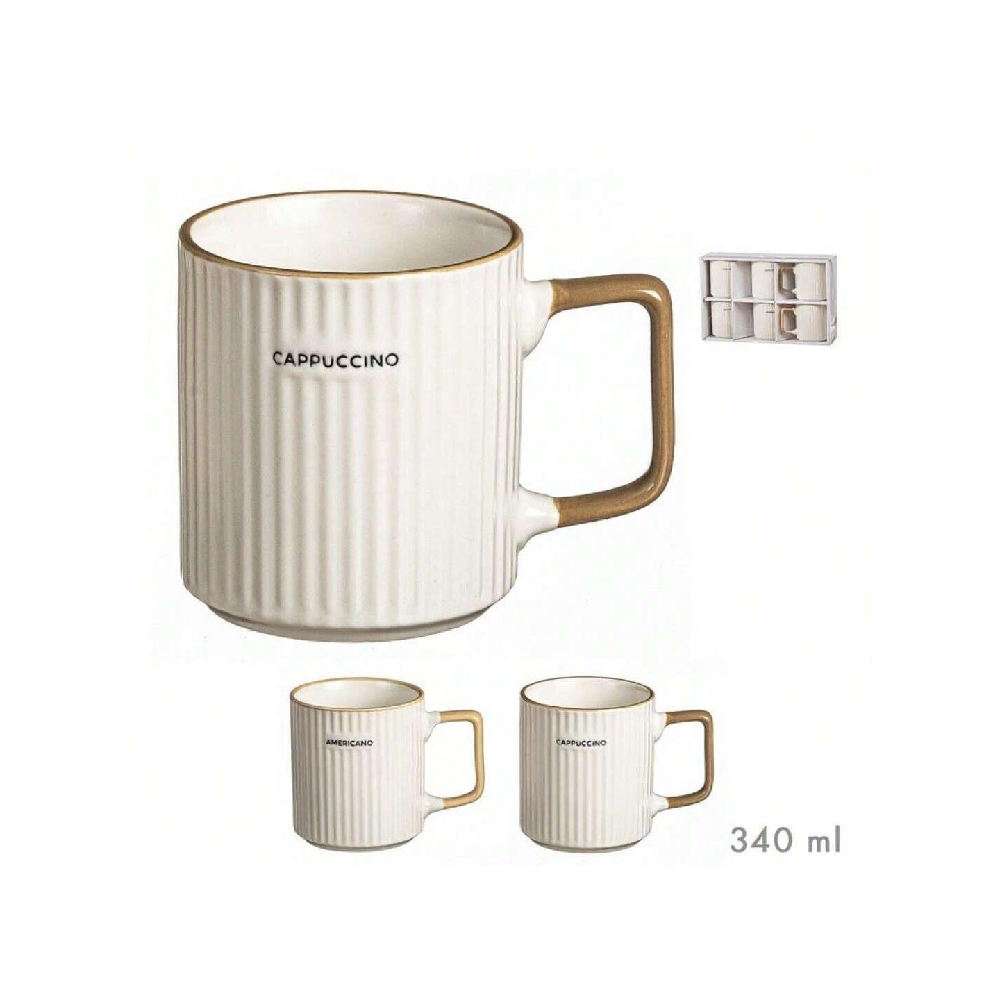 Set de 6 tazas de cerámica con asas cuadradas doradas – diseño retro con textura acanalada – capacidad de 340 ml – impresión de letras 'Americano' y 'Cappuccino' – ideal para casa, oficina o como regalo en caja elegante